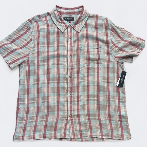 Liverpool Los Angeles Shirt Mens Large Aqua Red Plaid Linen Cotton Short Sleeve - Picture 1 of 11